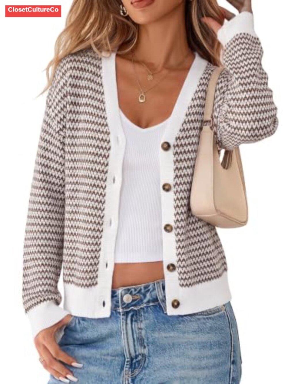 100% Cotton Striped Button Front V Neck Cardigan Sweater Cropped